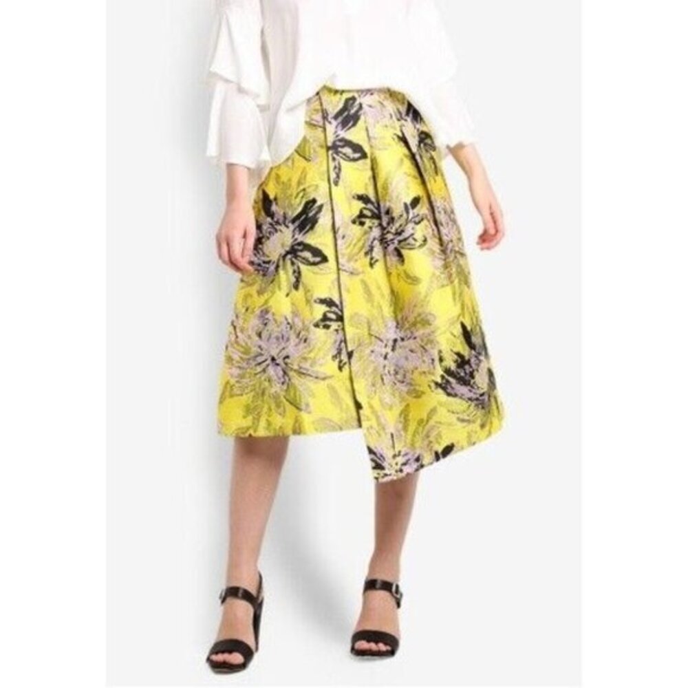 TOPSHOP Skirt Jacquard Yellow Floral Midi Asymmetrical Midi Skirt 6 US New